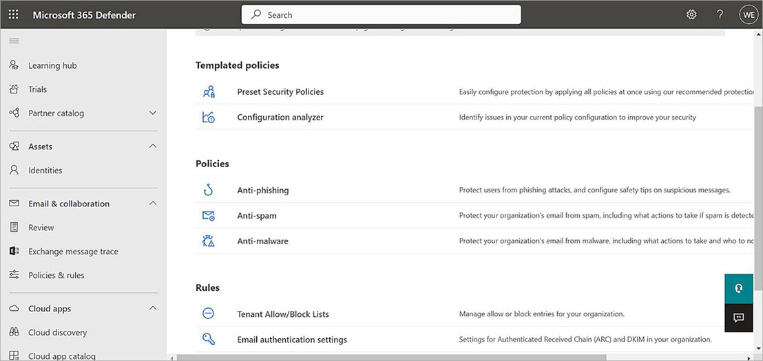 Screenshot of the Microsoft 365 Threat policies page